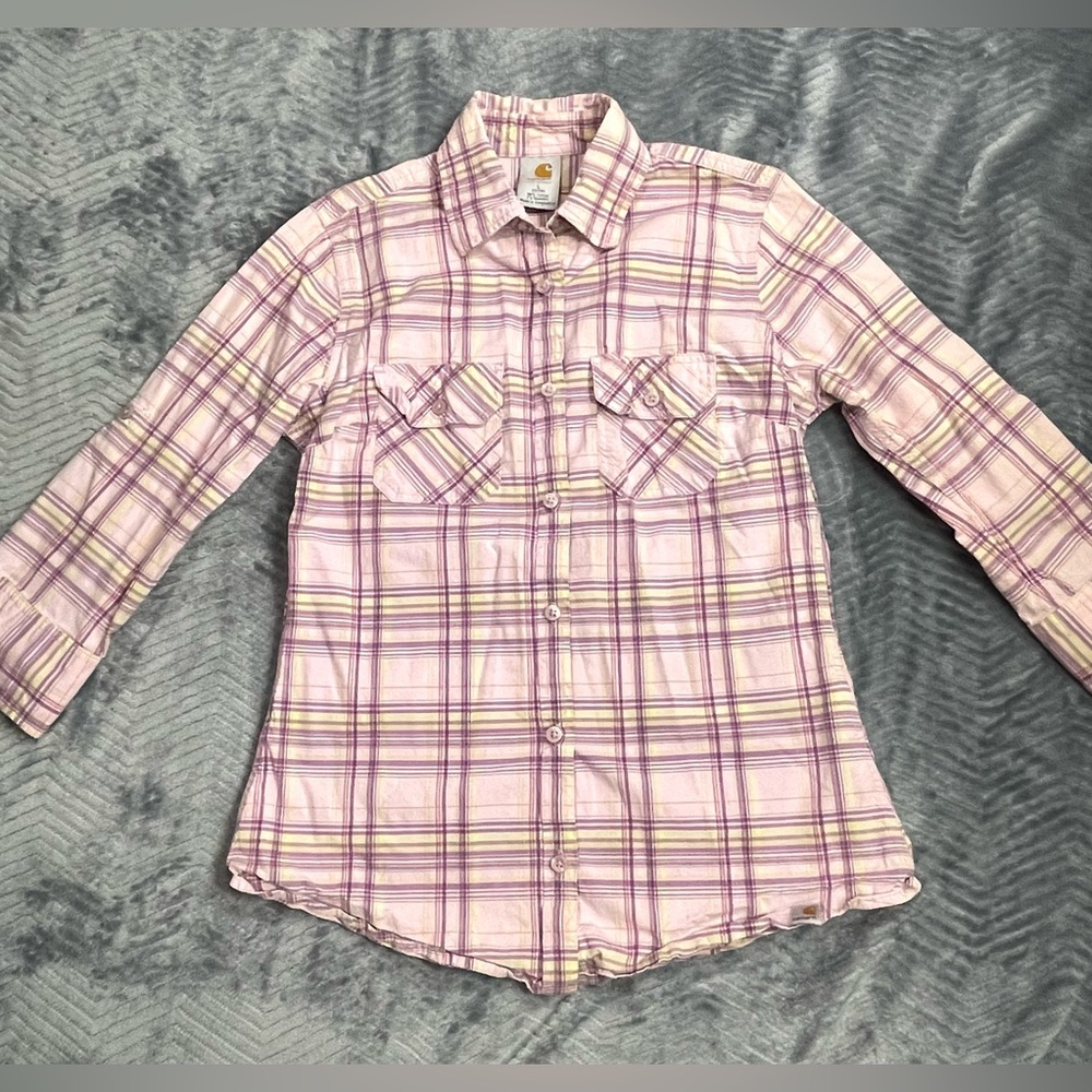 Womens Carhartt Roll Up Sleeve Plaid Poplin Button Up Shirt Large 12/14